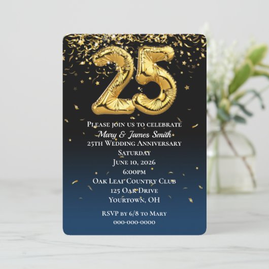 25e Jubileum Gold ballonnen en Confetti Invitat Kaart (Staand voorkant)