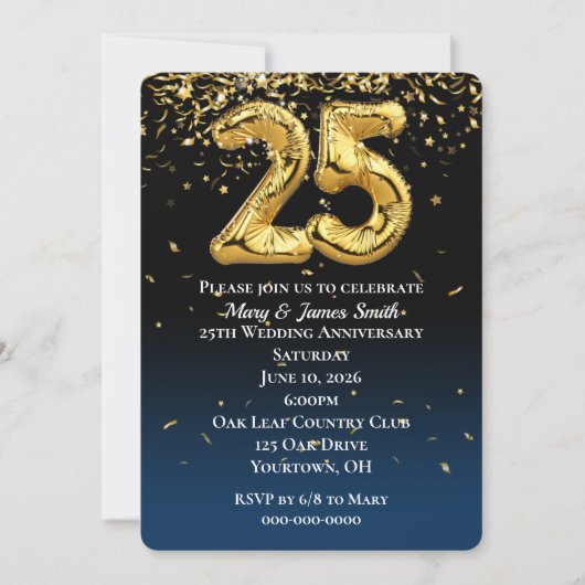 25e Jubileum Gold ballonnen en Confetti Invitat Kaart (Voorkant)