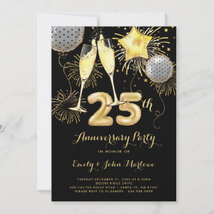 25e jubileum goud zwarte ballonnen champagne kaart