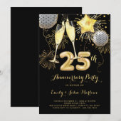 25e Jubileum gouden zwarte ballonnen champagne Kaart (Voorkant / Achterkant)