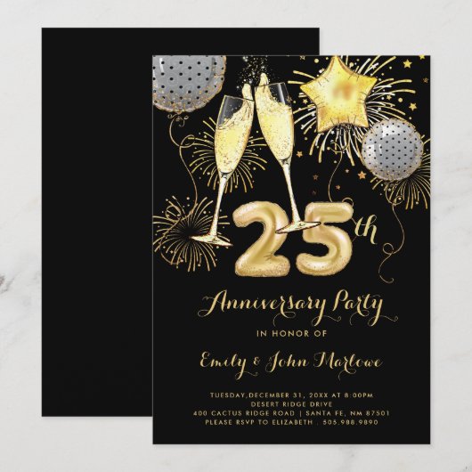 25e Jubileum gouden zwarte ballonnen champagne Kaart (Voorkant / Achterkant)