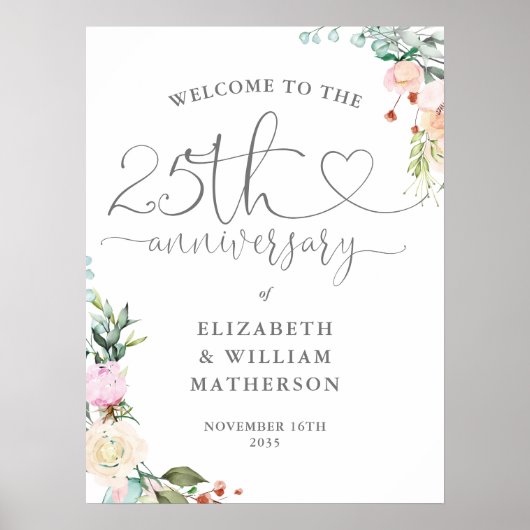 25e jubileum Hart Script Bloemrijke Welkom Bord Poster (Voorkant)