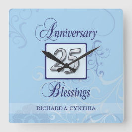 25e Jubileum in blauw en zilver Vierkante Klok