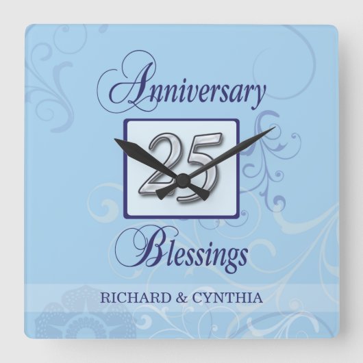 25e Jubileum in blauw en zilver Vierkante Klok (Voorkant)