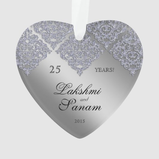 25e Jubileum Kerstmis met rugleuning Zilver Damask Ornament (achterkant)