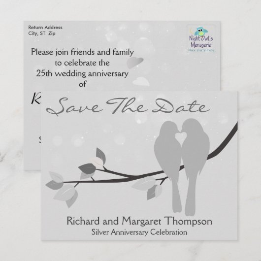 25e Jubileum Lovebirds Save The Date Aankondigingskaart (Voorkant / Achterkant)