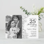 25e Jubileum met foto - wit zwart bloemig Kaart (Staand voorkant)