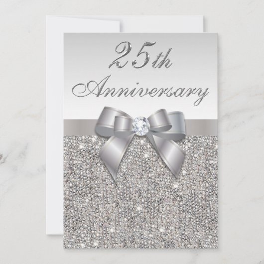 25e Jubileum met Silver Wedding Faux Sequins & Bow Kaart (Voorkant)