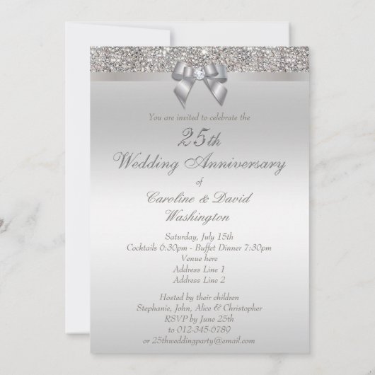 25e Jubileum met Silver Wedding Faux Sequins & Bow Kaart (Achterkant)