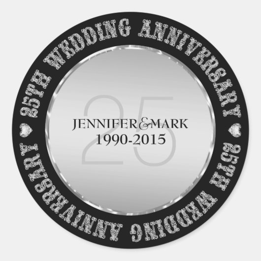 25e Jubileum met weddenschap, metalen zilver en zw Ronde Sticker (Voorkant)