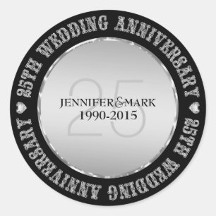 25e Jubileum met weddenschap, metalen zilver en zw Ronde Sticker
