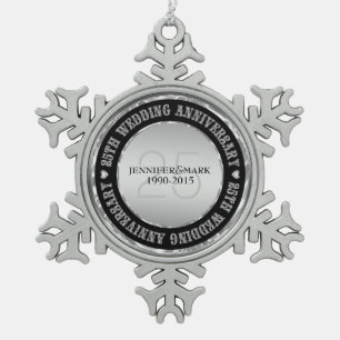 25e Jubileum met weddenschap, metalen zilver en zw Tin Sneeuwvlok Ornament