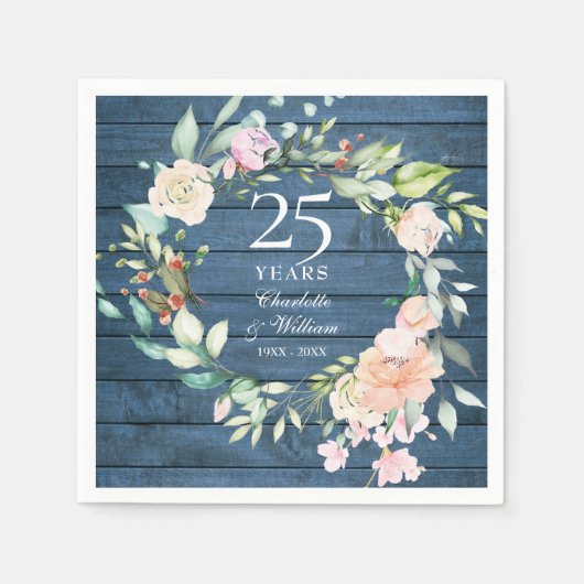 25e Jubileum met zilveren bruiloft Floral Blue Rus Servet (Voorkant)