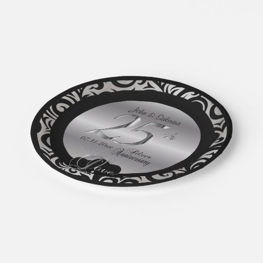25e Jubileum met zilveren en zwarte bruiloft Papieren Bordje (Gekanteld)