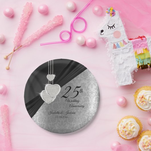 25e Jubileum met zilveren en zwarte bruiloft Papieren Bordje (Feest)