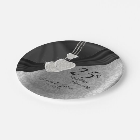 25e Jubileum met zilveren en zwarte bruiloft Papieren Bordje (Gekanteld)