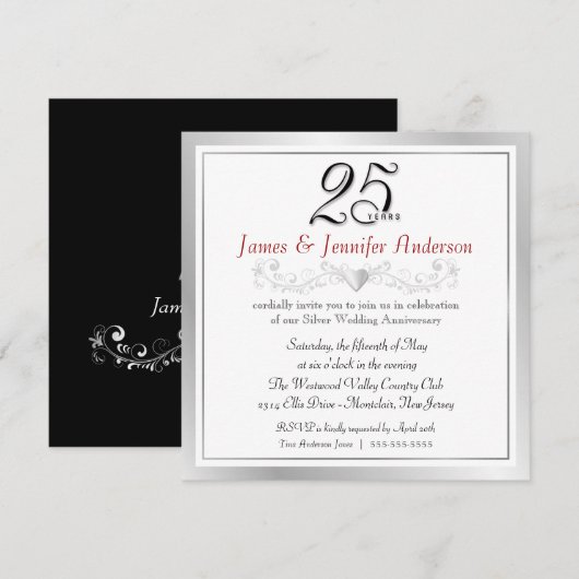 25e Jubileum partij bij uitnodigingen Silver Squar (Voorkant / Achterkant)