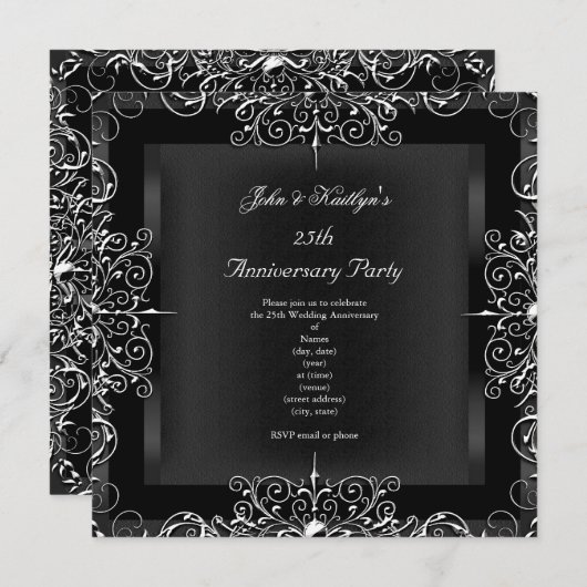 25e Jubileum Partij Chalkboard Silver Floral Kaart (Voorkant / Achterkant)