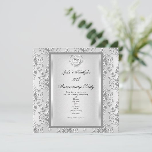 25e Jubileum Partij Damask Silver White 2 Kaart (Staand voorkant)
