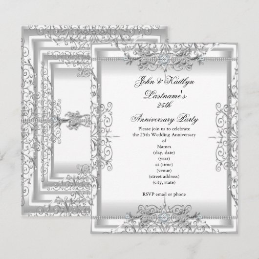 25e Jubileum Partij Damask Silver White Kaart (Voorkant / Achterkant)