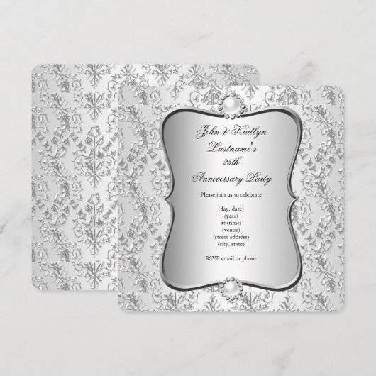 25e Jubileum Partij Damask Silver White Kaart (Voorkant / Achterkant)