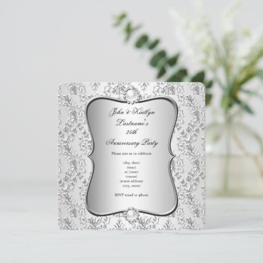 25e Jubileum Partij Damask Silver White Kaart (Staand voorkant)