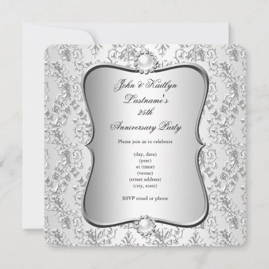 25e Jubileum Partij Damask Silver White Kaart (Voorkant)