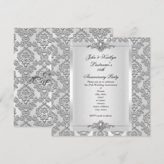 25e Jubileum Partij Damask Silver White Kaart (Voorkant / Achterkant)