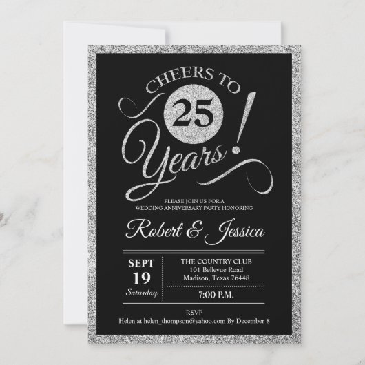 25e Jubileum-partij - Silver Black Invitation Kaart (Voorkant)