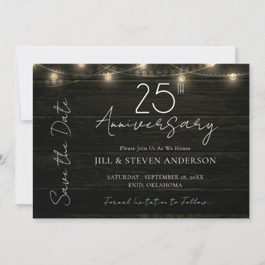 25e Jubileum Party Rustic Wood Lights Save The Date (Voorkant)