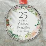 25e Jubileum Rozen Floral Garland Metalen Ornament<br><div class="desc">Deze botanische 25e trouwdag is een delicate waterverf bloemland en kan gepersonaliseerd worden met je speciale verjaardagsinformatie in een elegante zilvertekst. Ontworpen door: Thisnotme©</div>