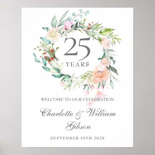 25e Jubileum Rozen Floral Welcome Sign Poster (Voorkant)