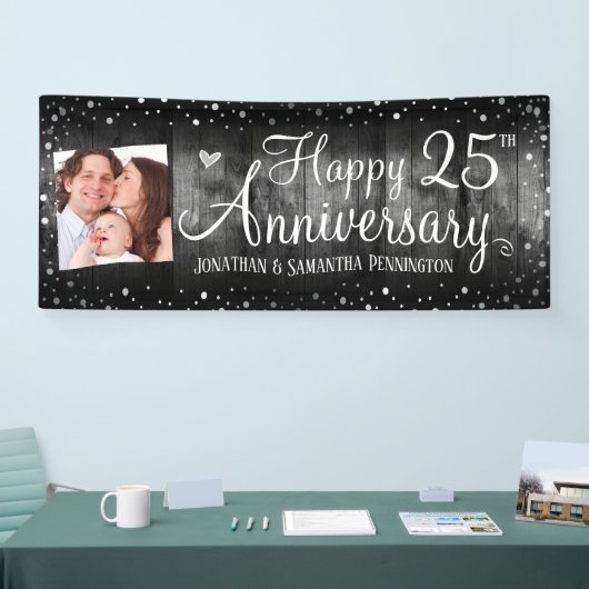 25e Jubileum Rustic Wood Foto Silver Confetti Spandoek (Beurs)