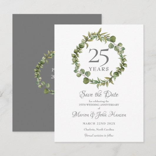 25e Jubileum Save the Date Greenery Garland Aankondigingskaart (Voorkant / Achterkant)