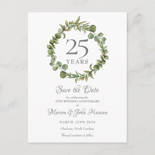 25e Jubileum Save the Date Greenery Garland Aankondigingskaart (Voorkant)