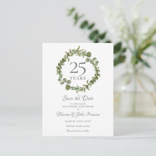 25e Jubileum Save the Date Greenery Garland Aankondigingskaart (Staand voorkant)