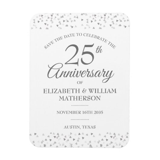 25e jubileum Save the Date Zilveren Hartjes  Magneet (Verticaal)