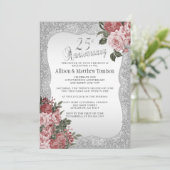 25e Jubileum Silver Glitter | Blush Floral Kaart (Staand voorkant)