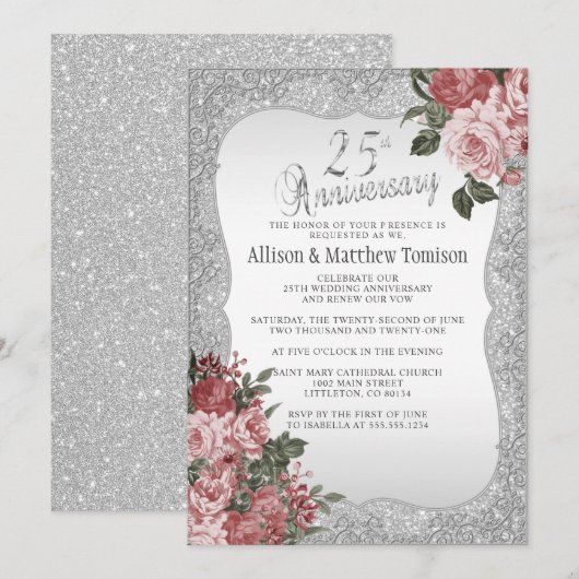 25e Jubileum Silver Glitter | Blush Floral Kaart (Voorkant / Achterkant)