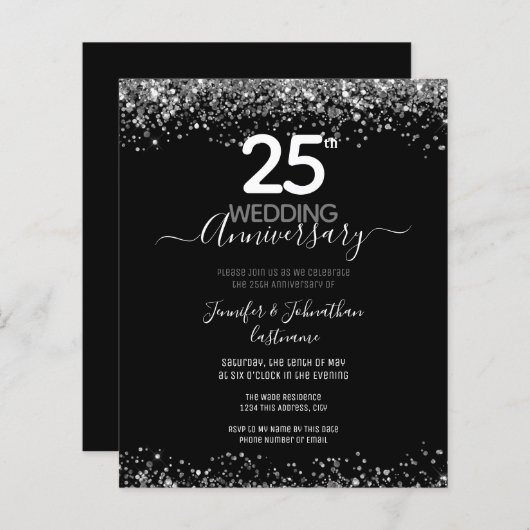 25e Jubileum Silver Glitter Budget Invitations (Voorkant / Achterkant)