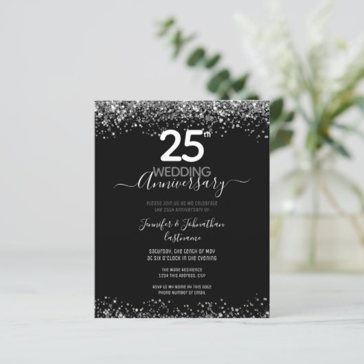 25e Jubileum Silver Glitter Budget Invitations (Staand voorkant)