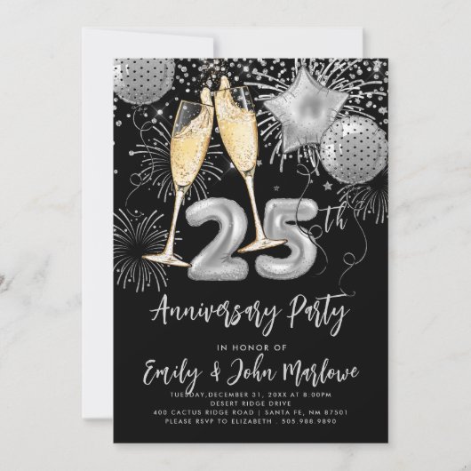 25e Jubileum Silver Glitter Confetti Champagne Kaart (Voorkant)