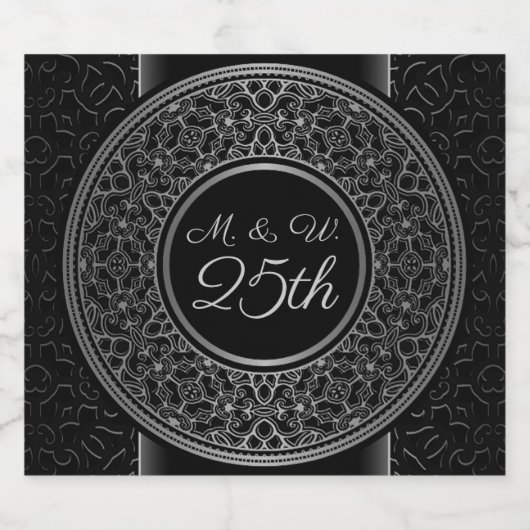 25e Jubileum Silver Medallion Monogrammed Sparkling Wijnetiket (Enkel label)