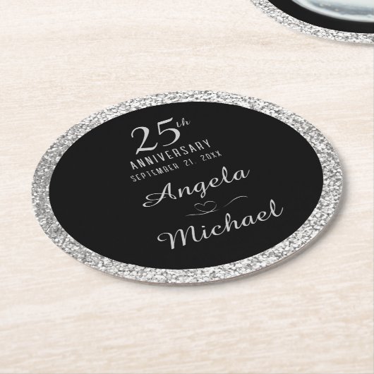 25e Jubileum Silver Sparkle Black Stijlvolle Glam Ronde Kartonnen Onderzetter (Gebogen)