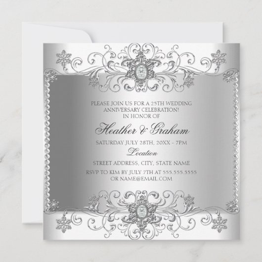 25e Jubileum Silver White Diamond Invitation Kaart (Achterkant)
