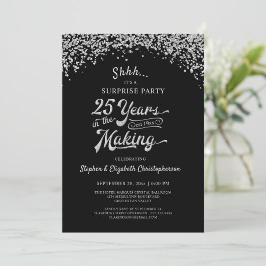 25e Jubileum surprise Party Silver Confetti Kaart (Staand voorkant)