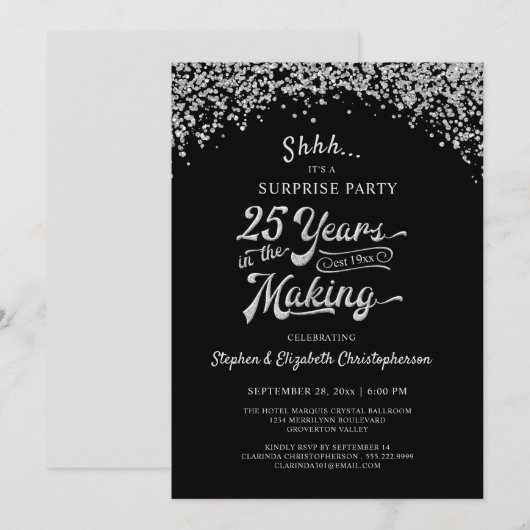 25e Jubileum surprise Party Silver Confetti Kaart (Voorkant / Achterkant)