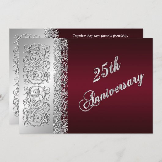 25e jubileum uitnodiging Burgundy, Zilveren Scroll (Voorkant / Achterkant)