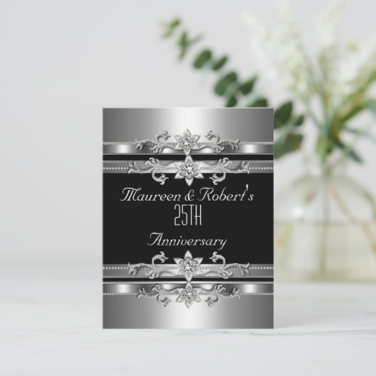 25e Jubileum Uitnodiging Elegant Black Silver (Staand voorkant)