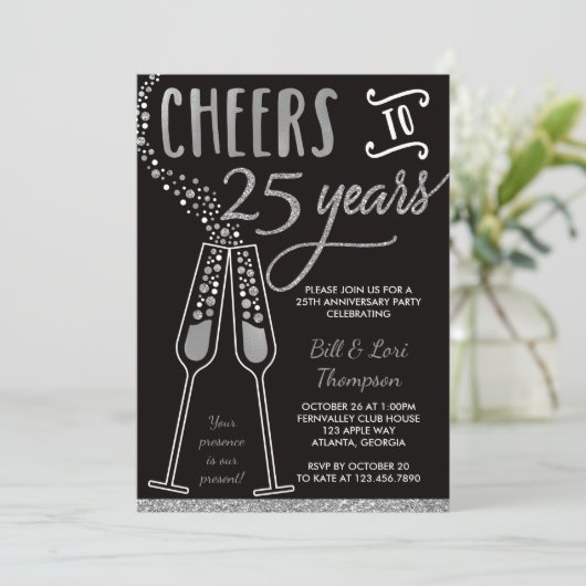 25e Jubileum Uitnodiging, Faux Glitter/Folie Kaart (Staand voorkant)